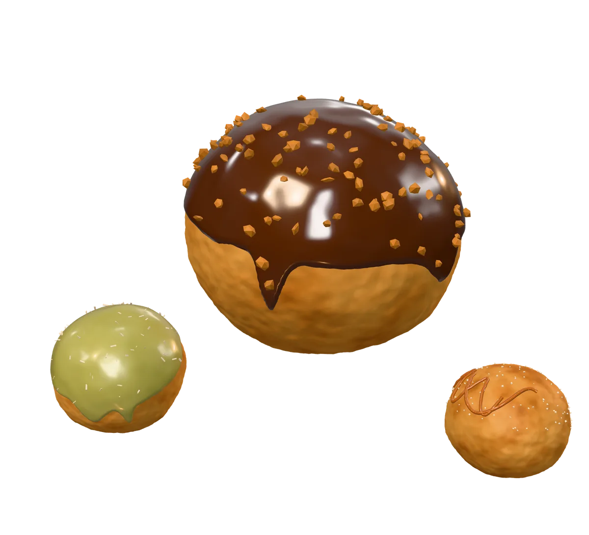 Mikatés dorés : l’un nappé de chocolat et de noisettes, l’un à la pistache et coco, l’un au filet de caramel.